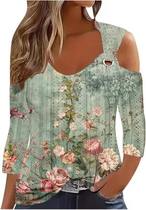 3/4 Length Sleeve Womens Cold Shoulder Tops Trendy Hollow Out Eyelet Shirts Plus Size Casual Beach Vacation Tee Blouse