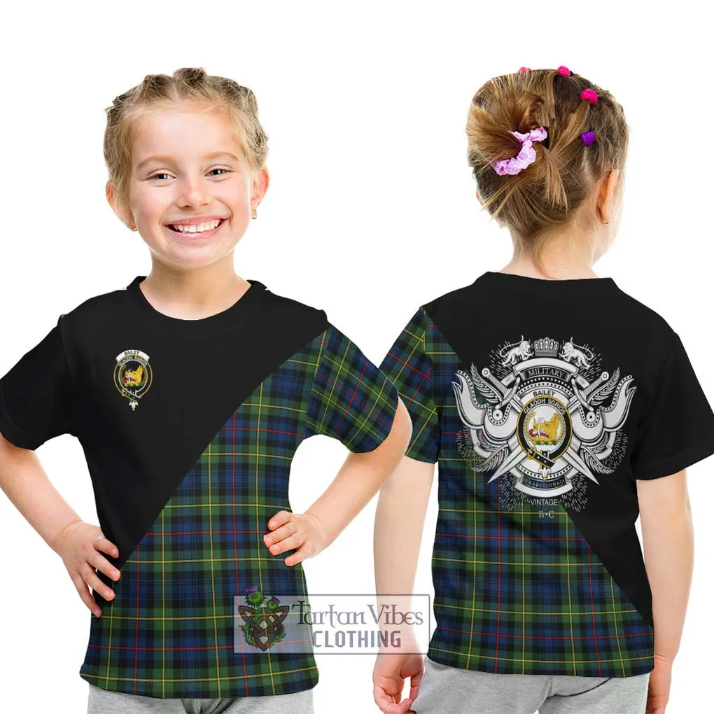 Bailey Modern Tartan Kid T-Shirt with Family Crest and Military Logo Style