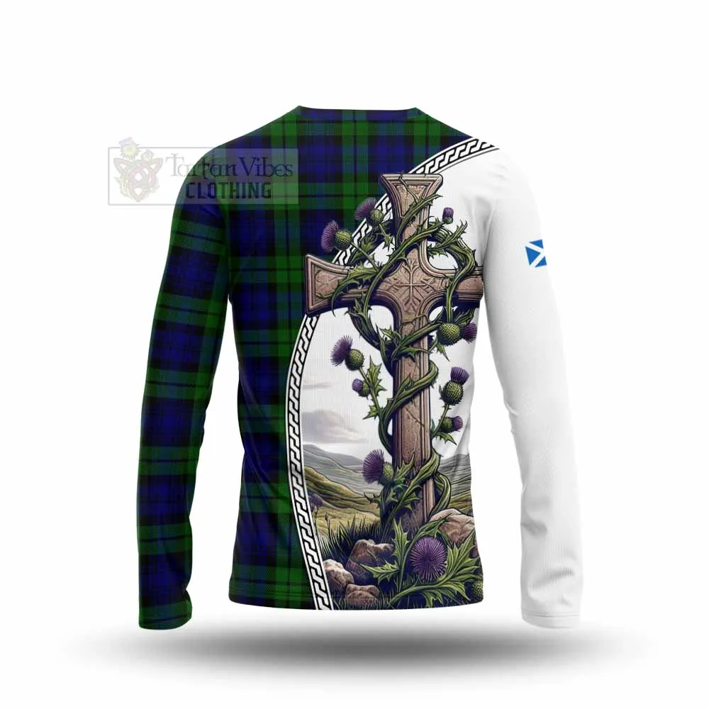Bannatyne Tartan Long Sleeve T-Shirt with Family Crest and St. Andrew's Cross Accented by Thistle Vines
