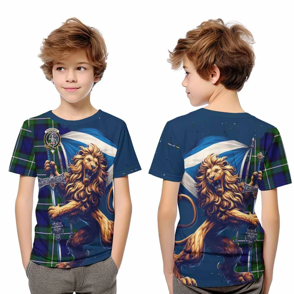 Bannerman Tartan Family Crest Kid T-Shirt with Scottish Majestic Lion