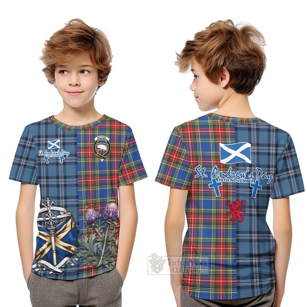 Bethune Tartan Kid T-Shirt Happy St. Andrew's Day Half Tartan Style