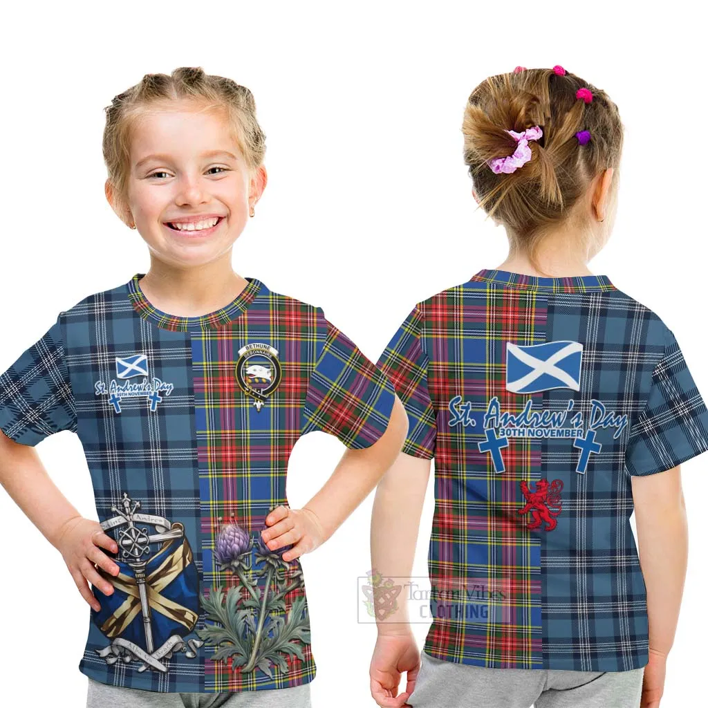 Bethune Tartan Kid T-Shirt Happy St. Andrew's Day Half Tartan Style