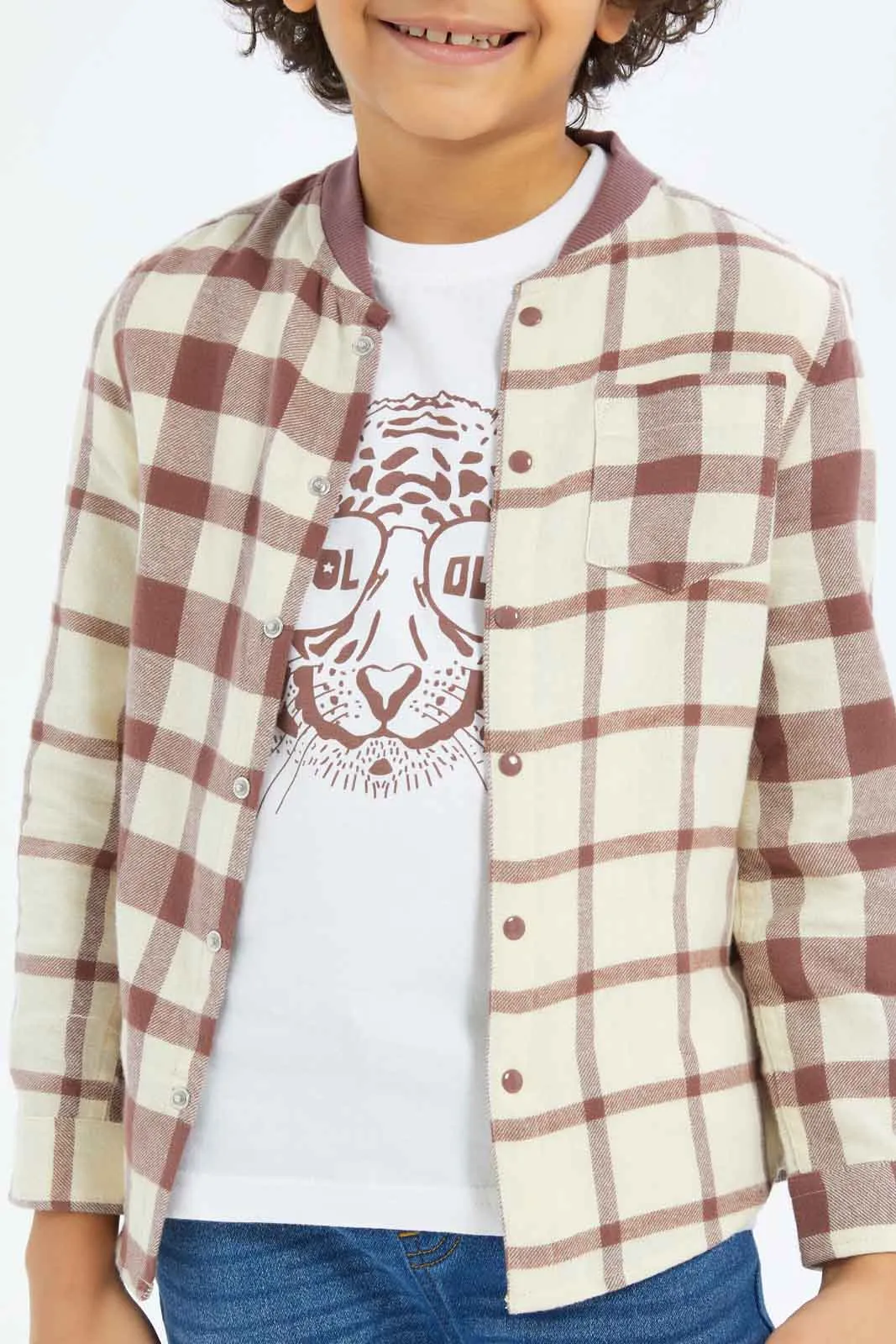 Boys Brown Flannel Check Shirt And T-Shirt Set (2 Piece)