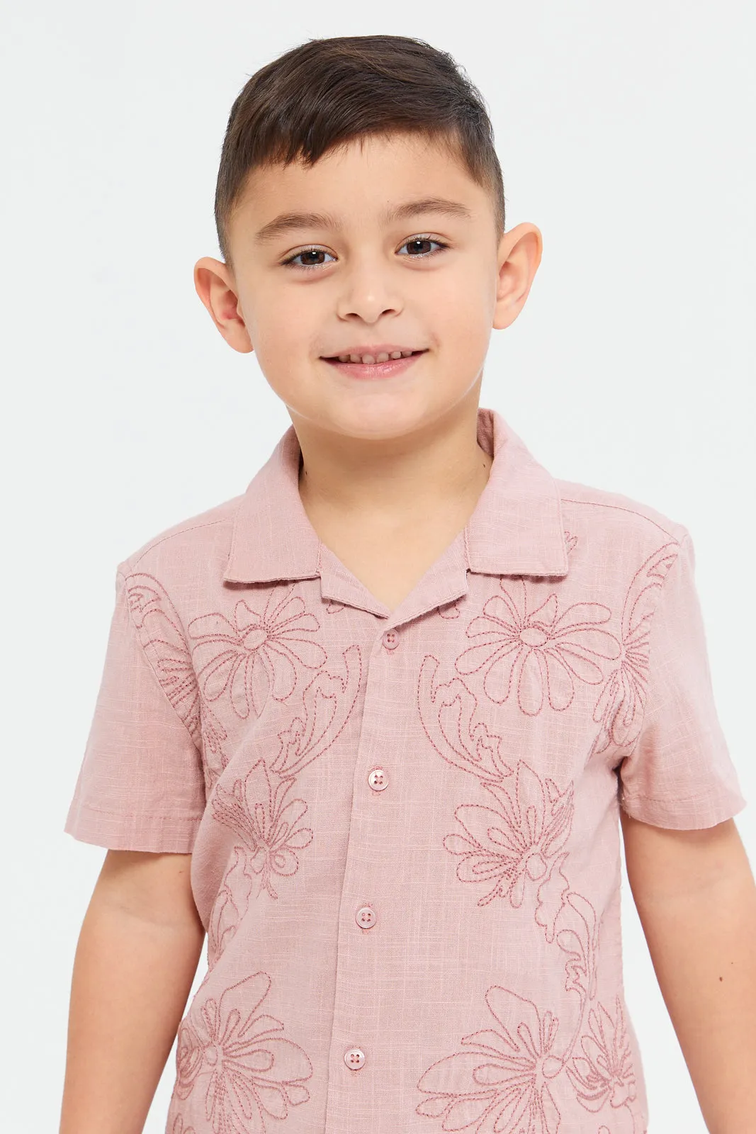 Boys Pink Front Embroidery Oversized Shirt
