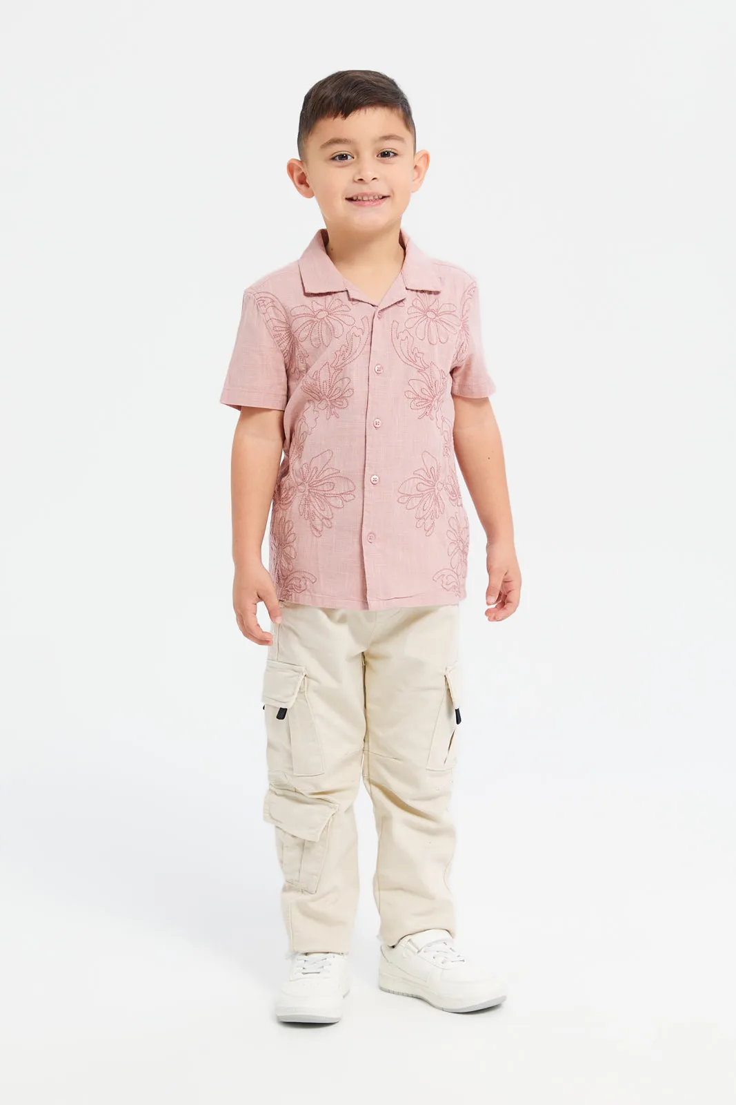 Boys Pink Front Embroidery Oversized Shirt