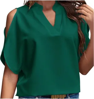 Cold Shoulder Tops for Women Summer Dressy Short Sleeve V Neck Cut Out Casual Shirt Loose Plain Open Blouse