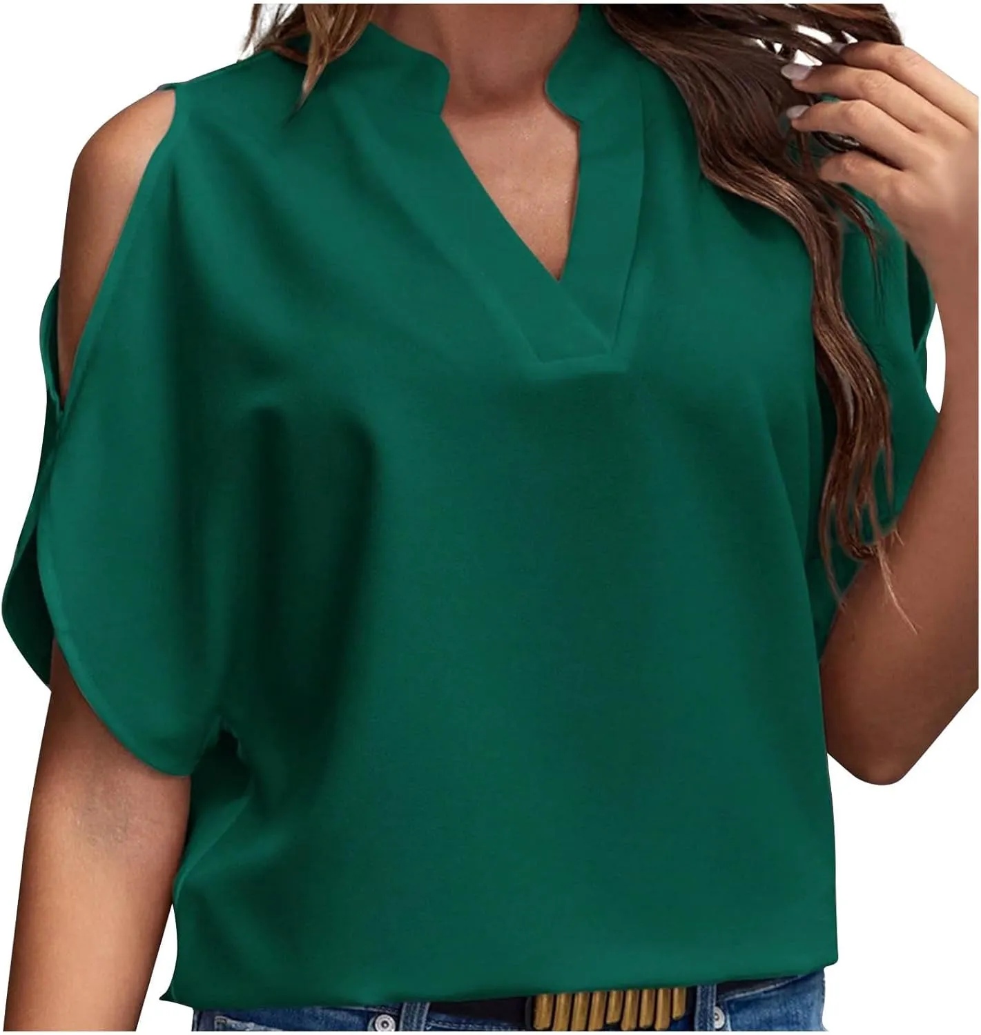 Cold Shoulder Tops for Women Summer Dressy Short Sleeve V Neck Cut Out Casual Shirt Loose Plain Open Blouse