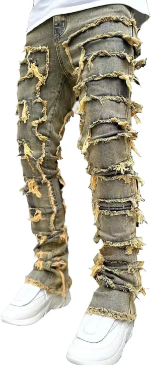 COOLMONAR Men's Ripped Distressed Destroyed Slim Fit Straight Leg Denim Jeans
