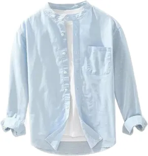 Cotton Linen Long Sleeve Shirt for Men Stand Collar Loose Shirts Solid Classic Men's Clothing