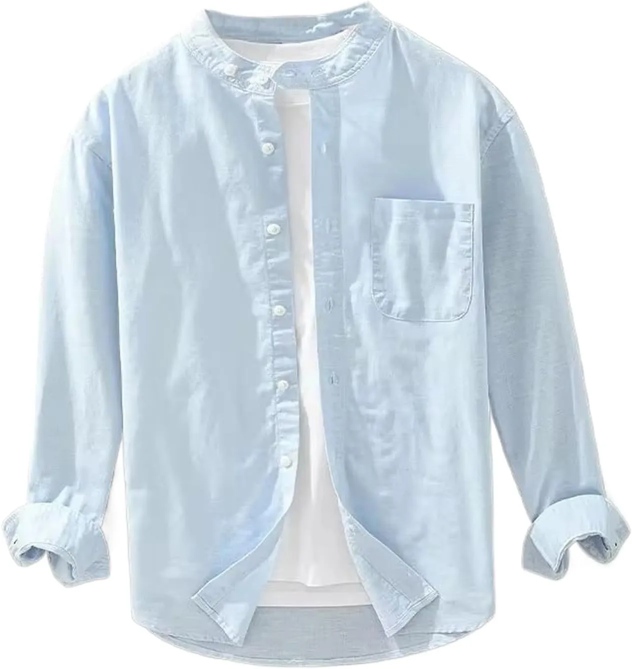 Cotton Linen Long Sleeve Shirt for Men Stand Collar Loose Shirts Solid Classic Men's Clothing