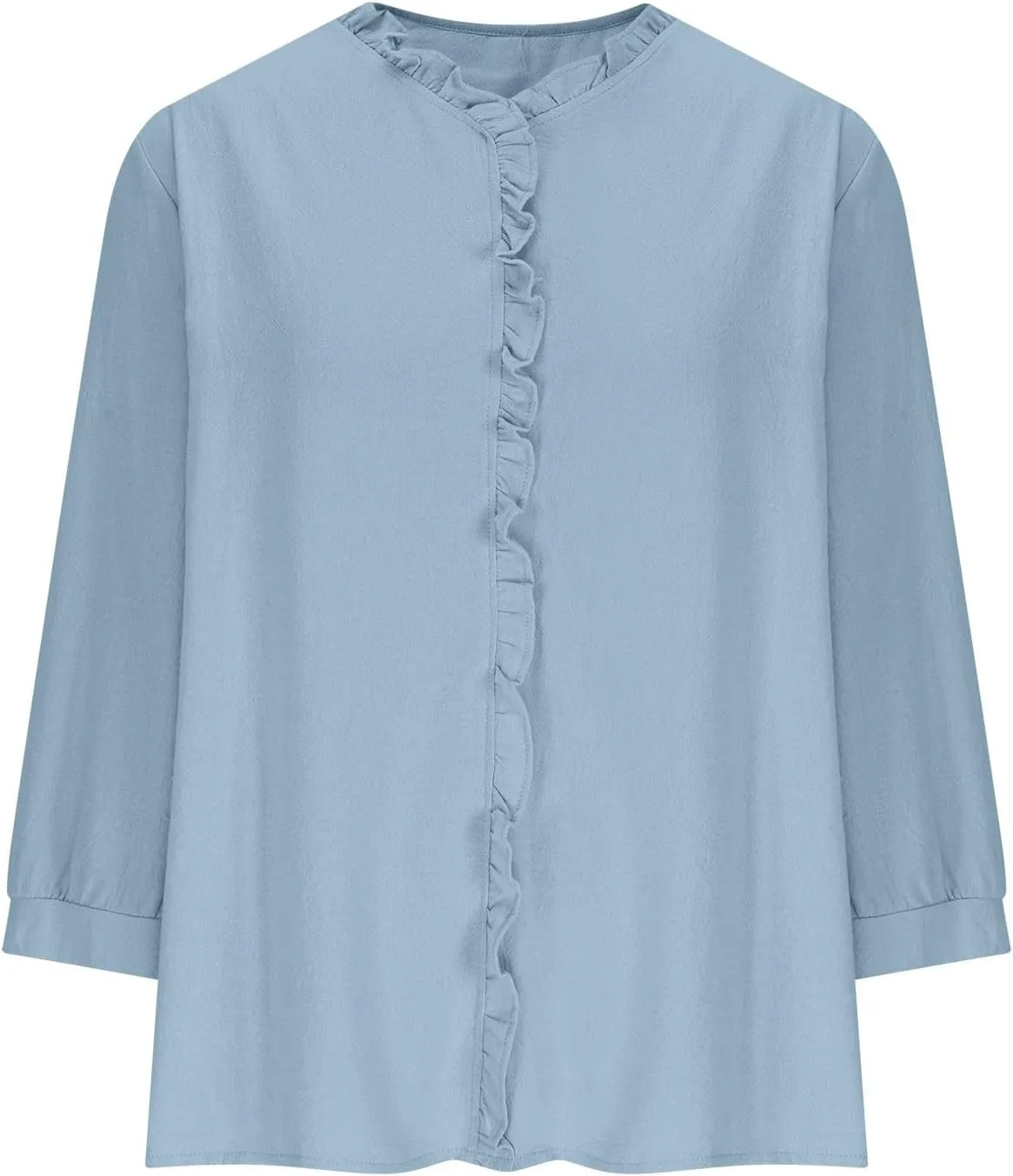 Cotton Linen Tops for Women 3/4 Sleeve Tees Frill Trim V Neck Blouse Cute Summer Vacation Breathable Shirt
