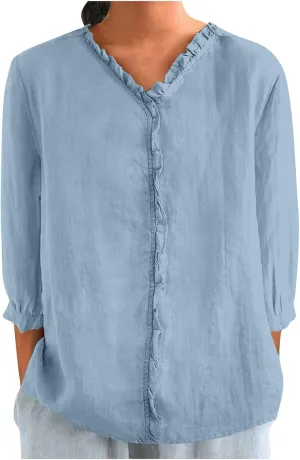 Cotton Linen Tops for Women 3/4 Sleeve Tees Frill Trim V Neck Blouse Cute Summer Vacation Breathable Shirt