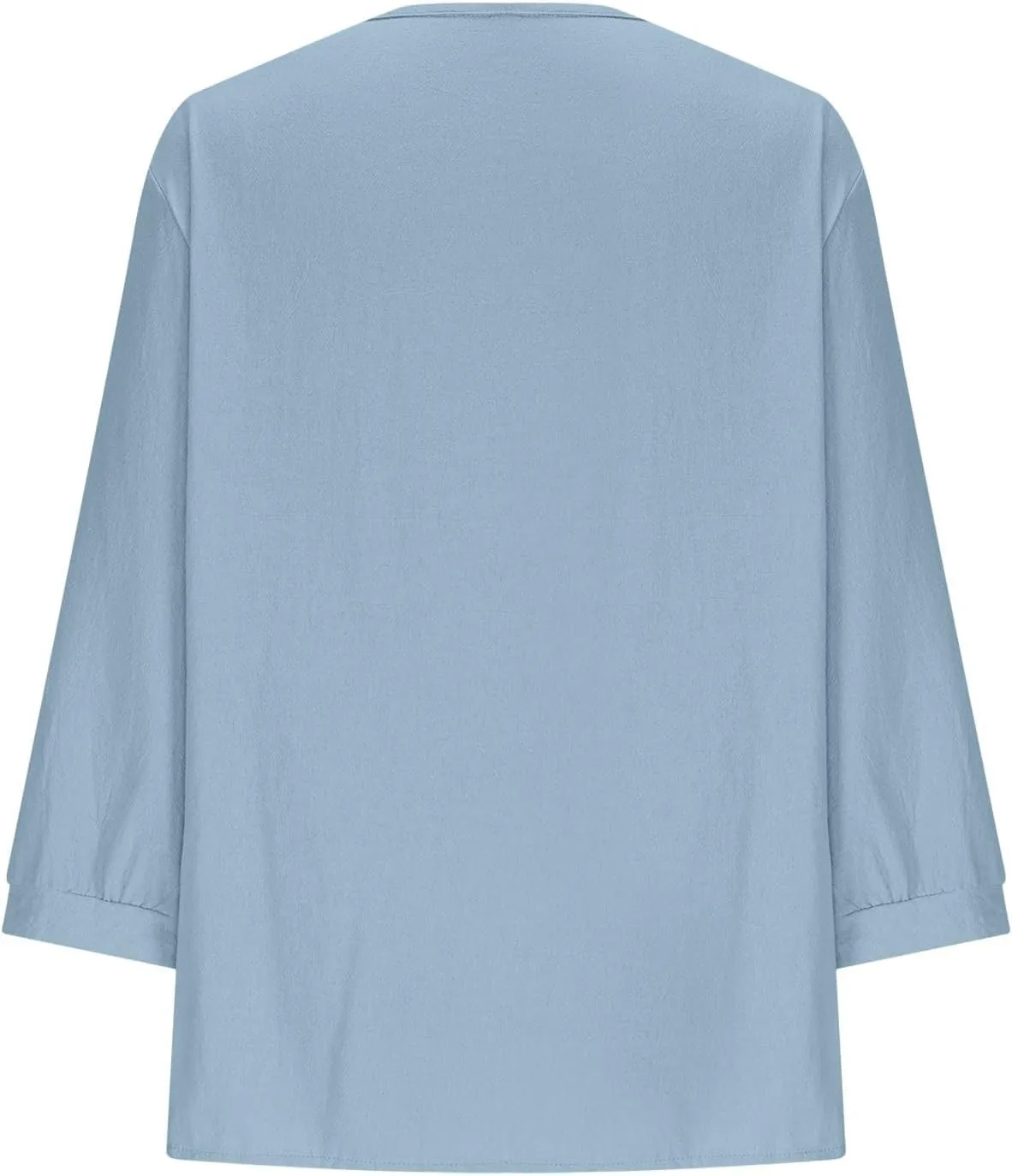 Cotton Linen Tops for Women 3/4 Sleeve Tees Frill Trim V Neck Blouse Cute Summer Vacation Breathable Shirt