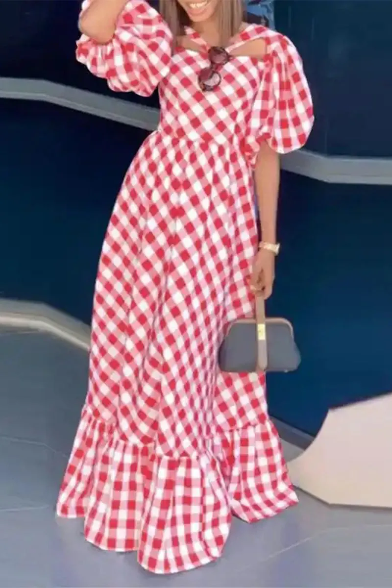 Elegant Plaid Contrast V Neck A Line Short Sleeve Dress