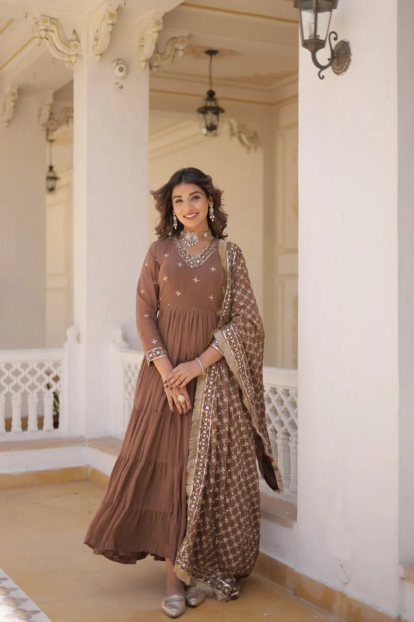 Enthralling Sequin Embroidered Coffee Color Gown with Designer Dupatta - Festive Wear