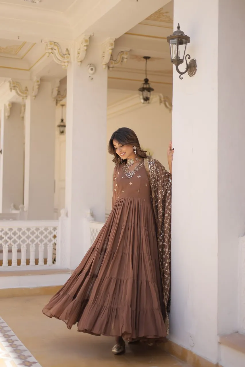 Enthralling Sequin Embroidered Coffee Color Gown with Designer Dupatta - Festive Wear