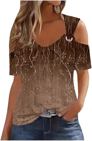 Eyelet Cold Shoulder Tops for Women Casual Strappy Short Sleeve Open Shirts Cut Out Dressy Sexy Foral Tunic Top