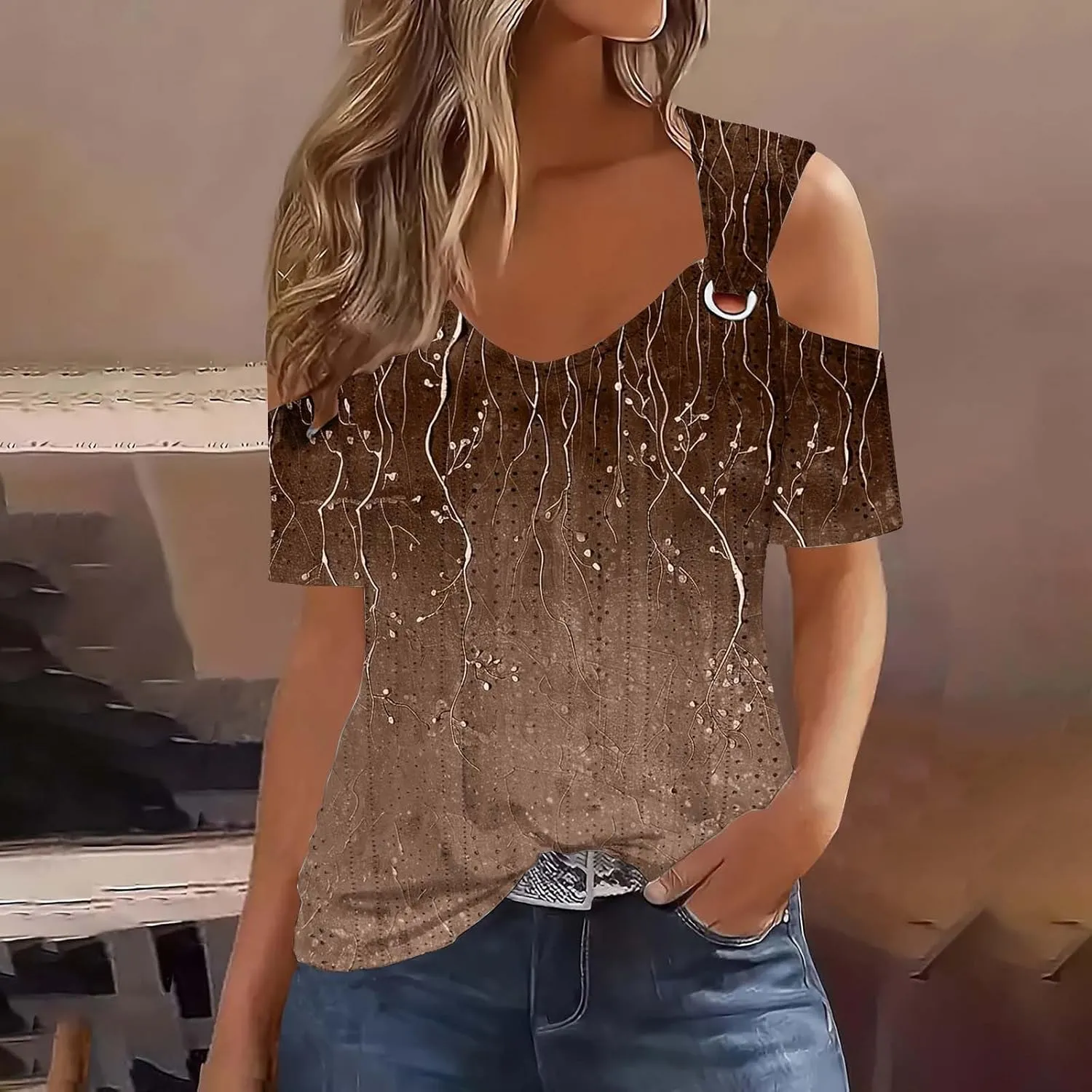 Eyelet Cold Shoulder Tops for Women Casual Strappy Short Sleeve Open Shirts Cut Out Dressy Sexy Foral Tunic Top