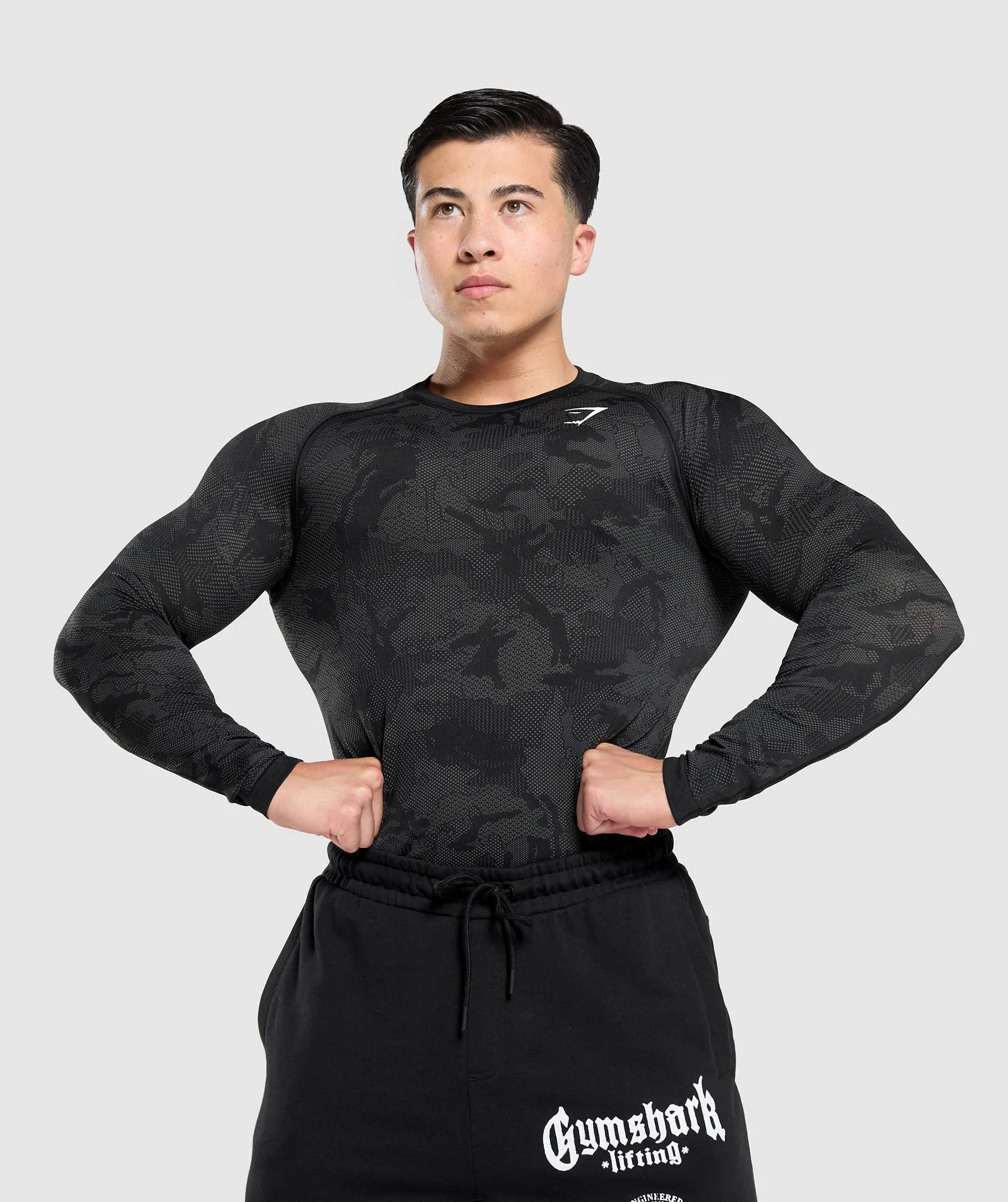 Gymshark Geo Seamless Long Sleeve T-Shirt - Black/Charcoal Grey