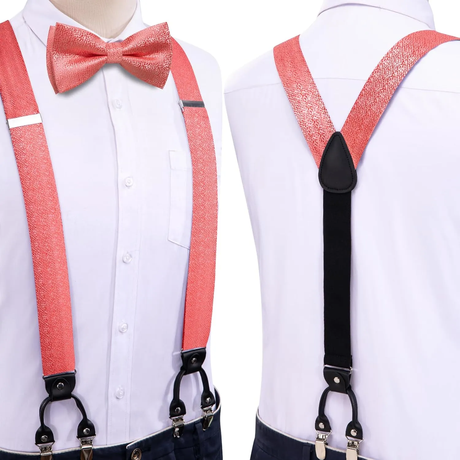 Hi-Tie Suspender Bowtie for Men Adjustable Y-shape 6 Clips Trouser Braces Pre-tied Bow Tie with Handkerchief Cufflinks