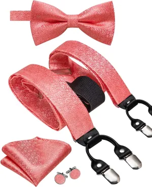 Hi-Tie Suspender Bowtie for Men Adjustable Y-shape 6 Clips Trouser Braces Pre-tied Bow Tie with Handkerchief Cufflinks