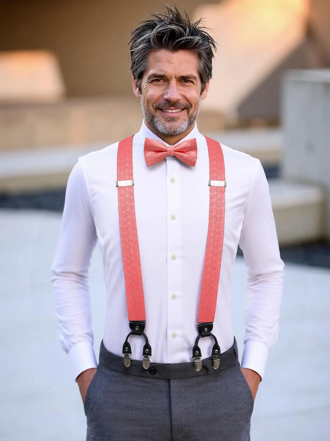 Hi-Tie Suspender Bowtie for Men Adjustable Y-shape 6 Clips Trouser Braces Pre-tied Bow Tie with Handkerchief Cufflinks