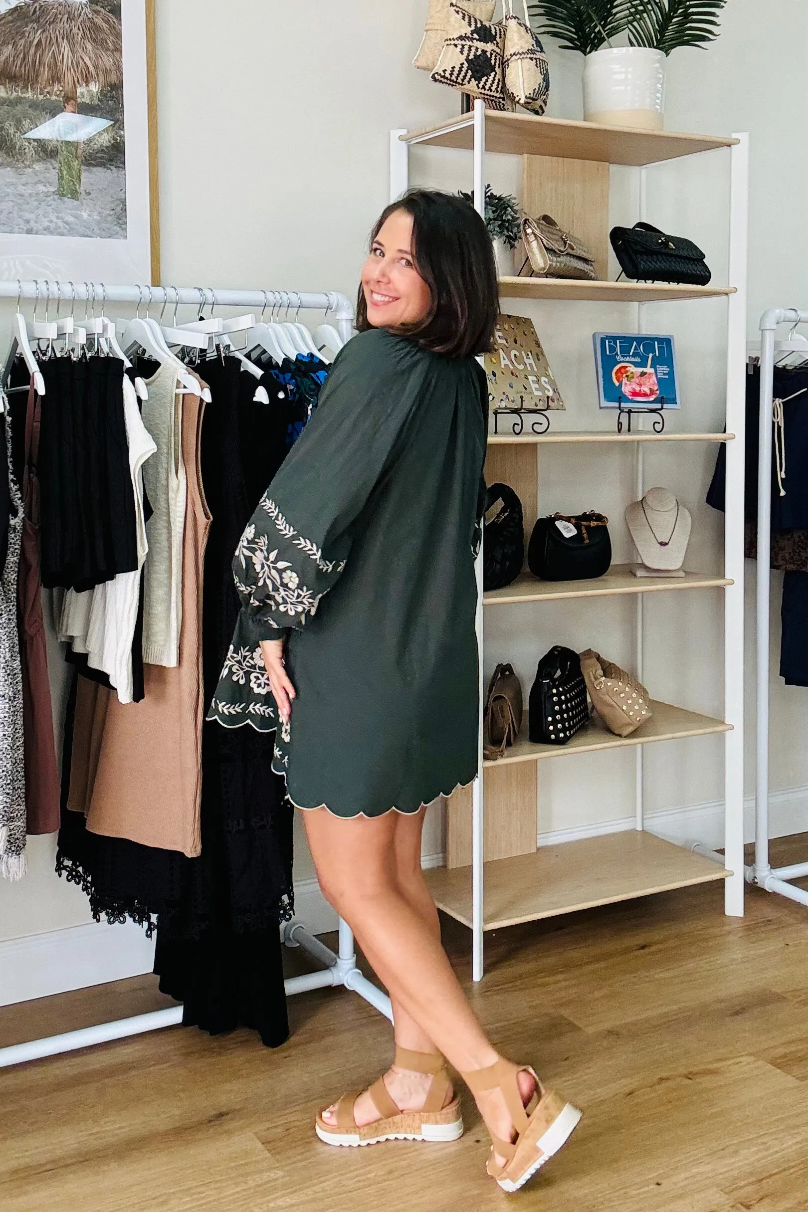 Hunter Green Embroidered Long Sleeve Peasant Mini Dress