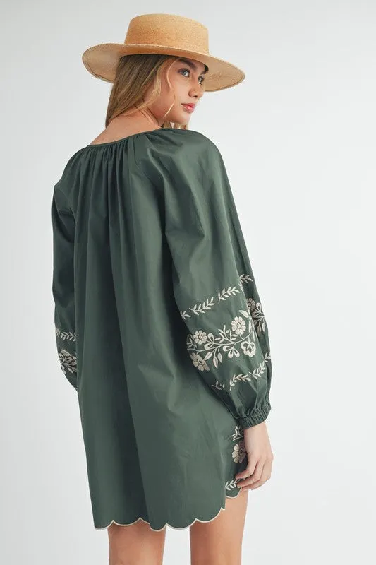 Hunter Green Embroidered Long Sleeve Peasant Mini Dress