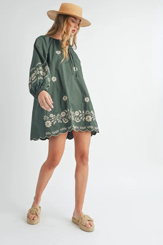 Hunter Green Embroidered Long Sleeve Peasant Mini Dress