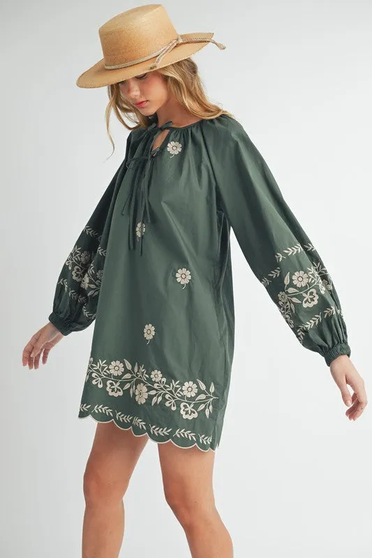 Hunter Green Embroidered Long Sleeve Peasant Mini Dress