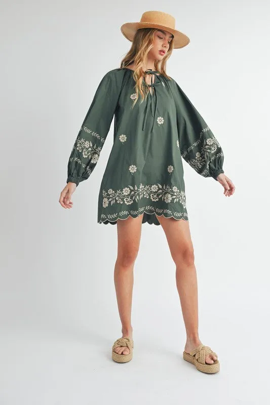 Hunter Green Embroidered Long Sleeve Peasant Mini Dress