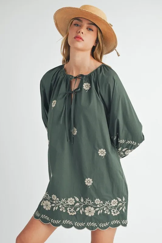 Hunter Green Embroidered Long Sleeve Peasant Mini Dress