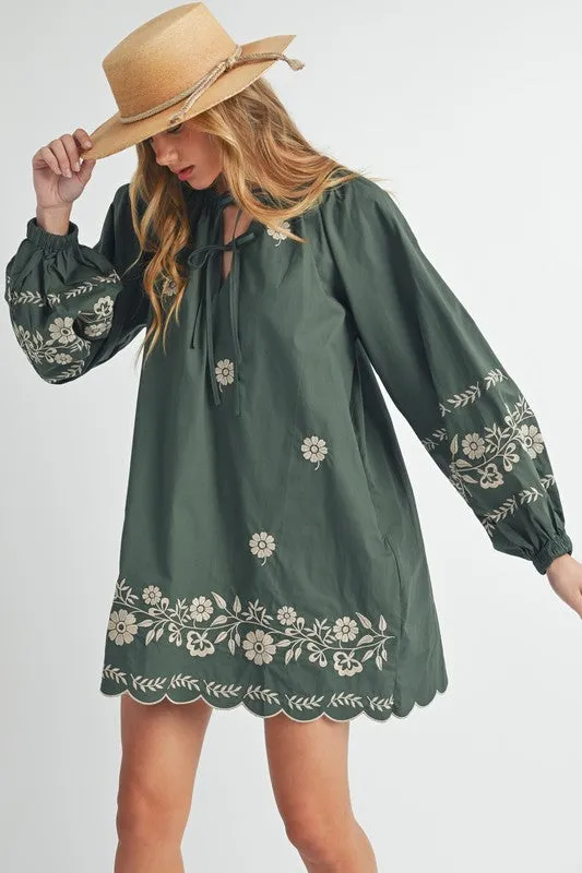 Hunter Green Embroidered Long Sleeve Peasant Mini Dress