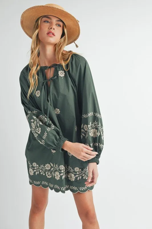 Hunter Green Embroidered Long Sleeve Peasant Mini Dress