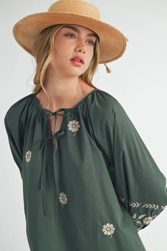Hunter Green Embroidered Long Sleeve Peasant Mini Dress