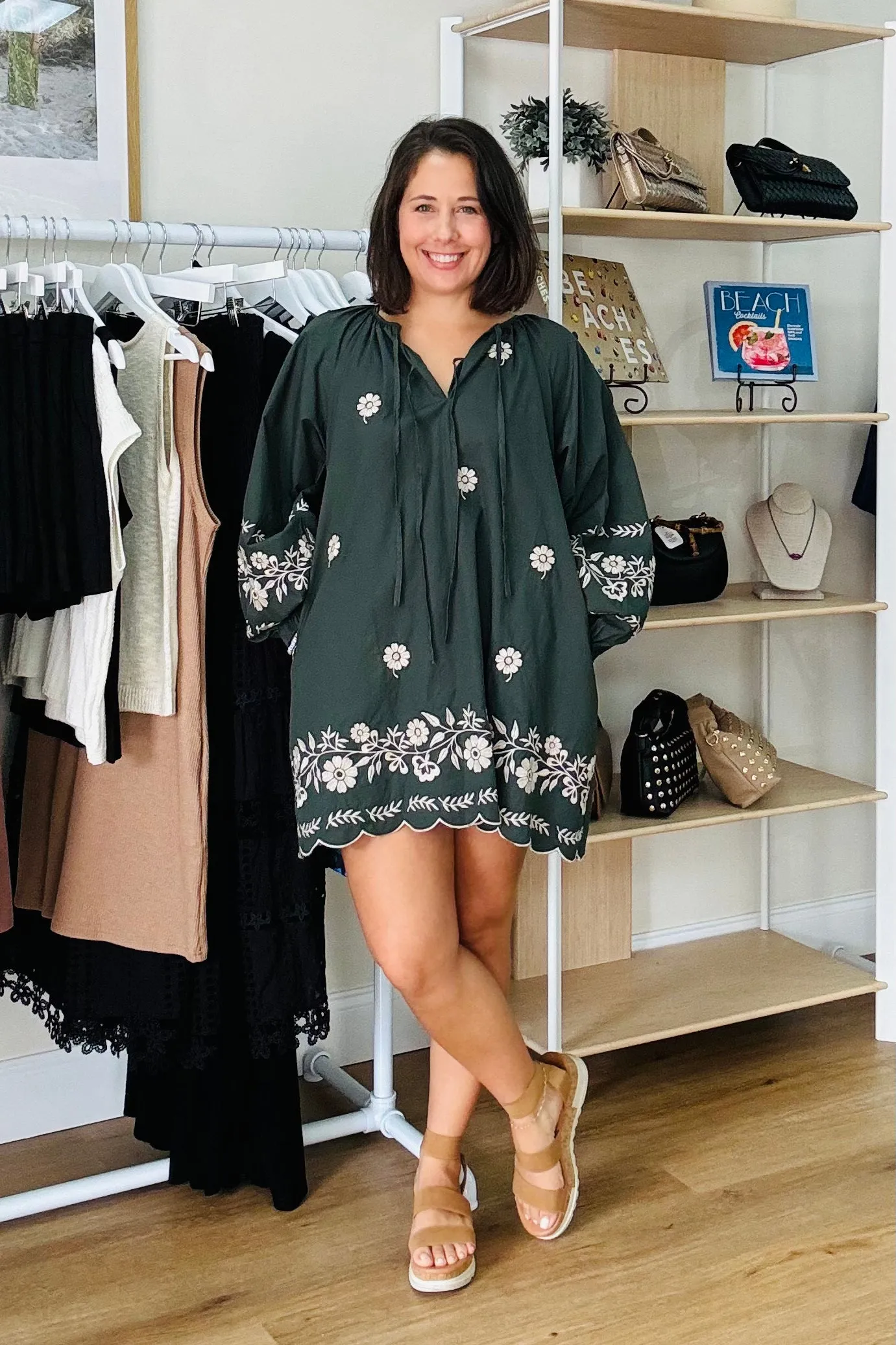 Hunter Green Embroidered Long Sleeve Peasant Mini Dress