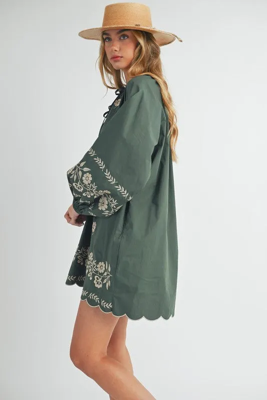 Hunter Green Embroidered Long Sleeve Peasant Mini Dress