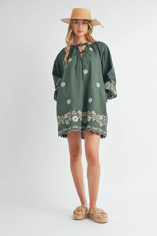 Hunter Green Embroidered Long Sleeve Peasant Mini Dress