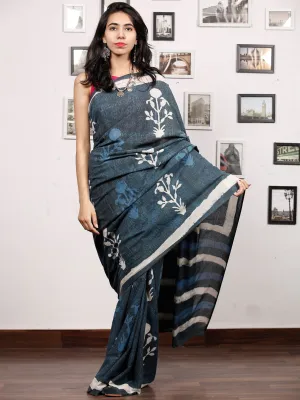 Indigo White Grey Hand Block Printed Cotton Mul Saree - S031703486
