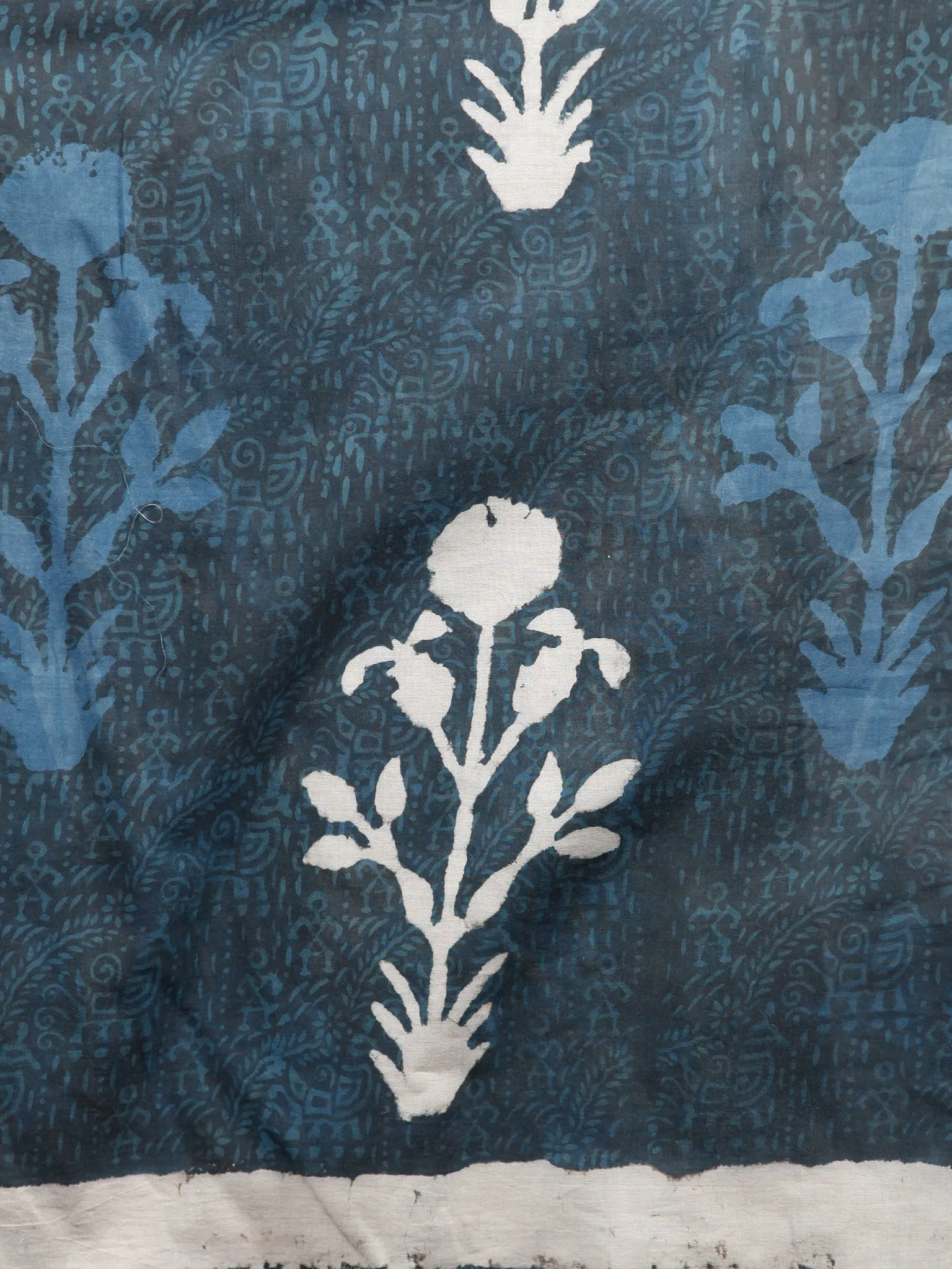 Indigo White Grey Hand Block Printed Cotton Mul Saree - S031703486