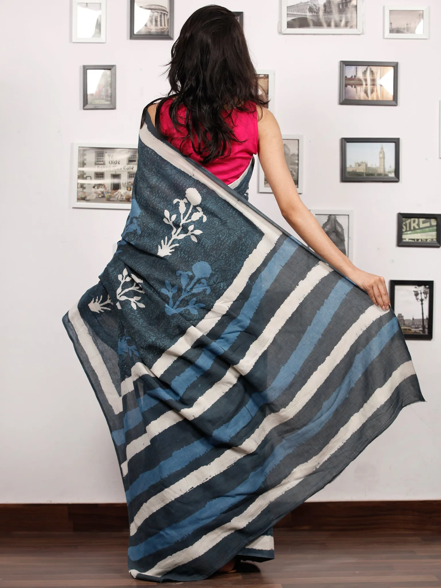 Indigo White Grey Hand Block Printed Cotton Mul Saree - S031703486