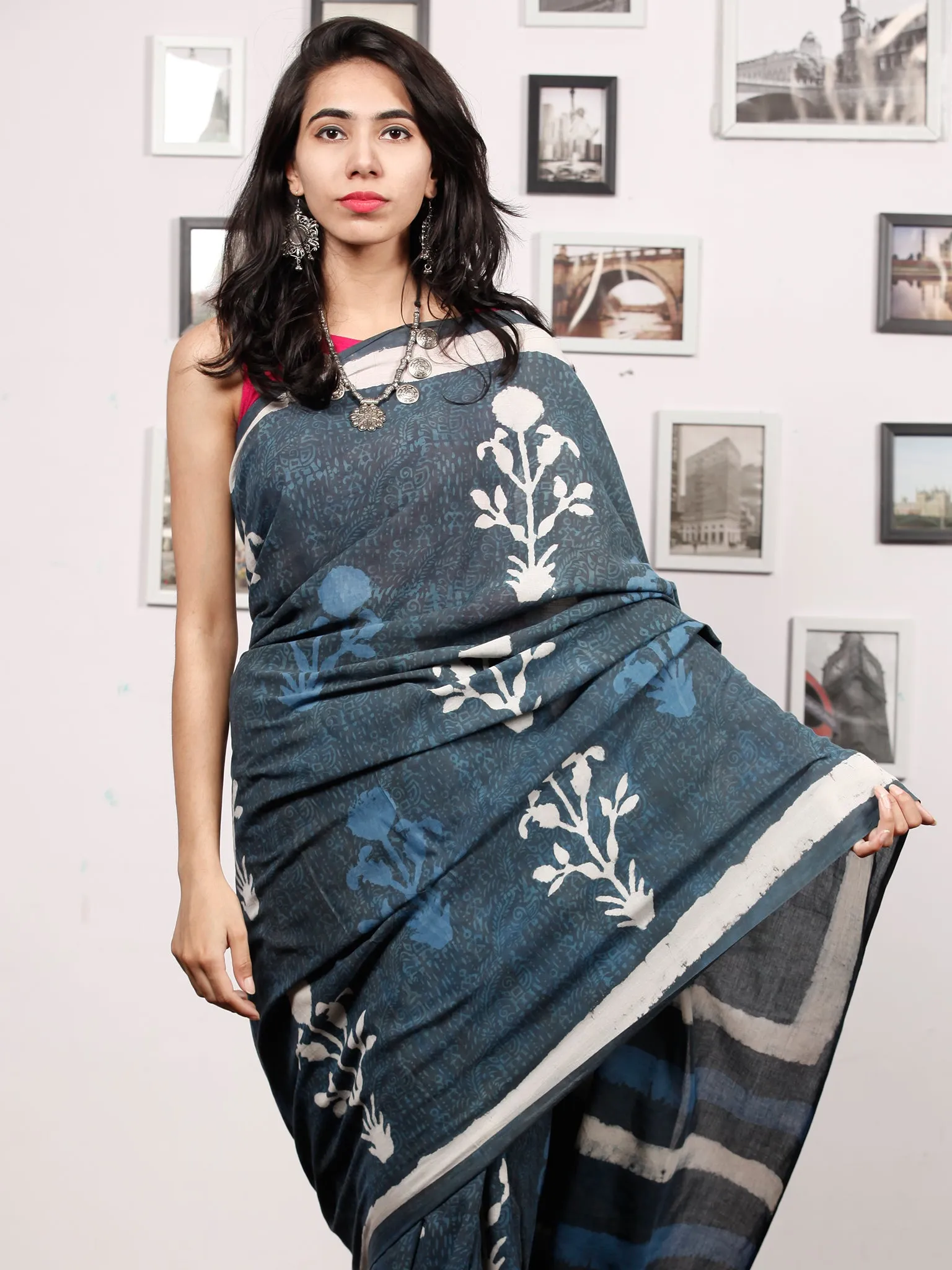 Indigo White Grey Hand Block Printed Cotton Mul Saree - S031703486
