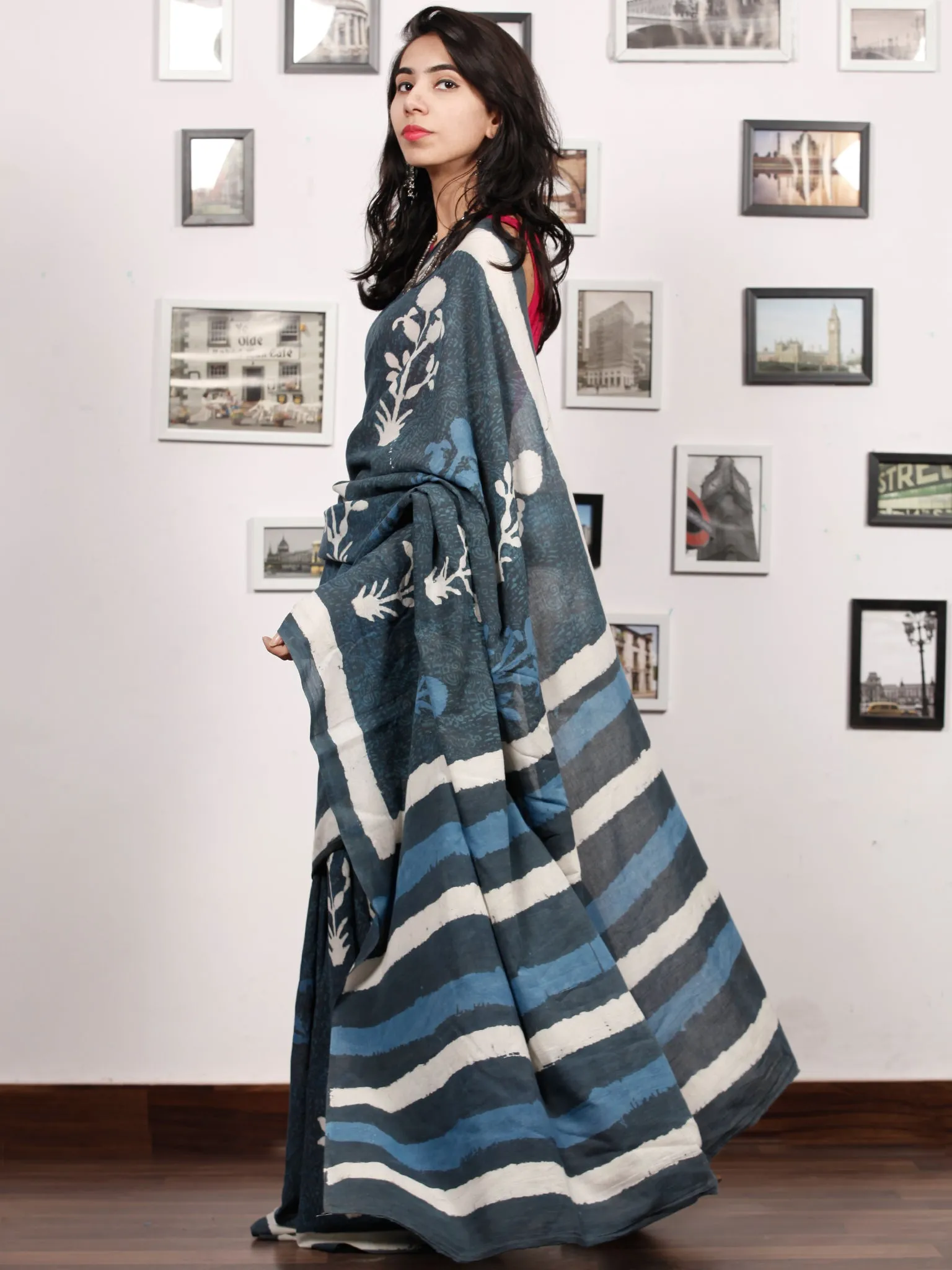 Indigo White Grey Hand Block Printed Cotton Mul Saree - S031703486