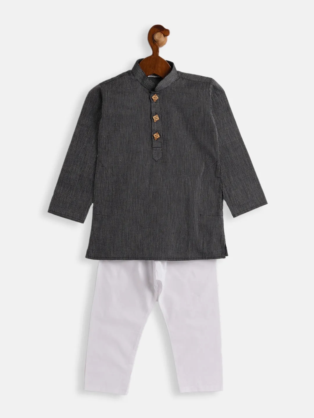 Jashvi Boys Black and White Pure Cotton Kurta Pyjama Set