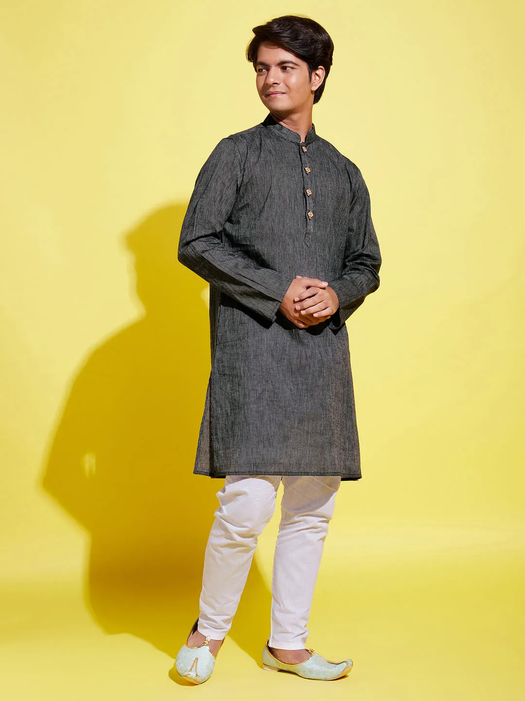 Jashvi Boy's Black Cotton Kurta and Pyjama Set