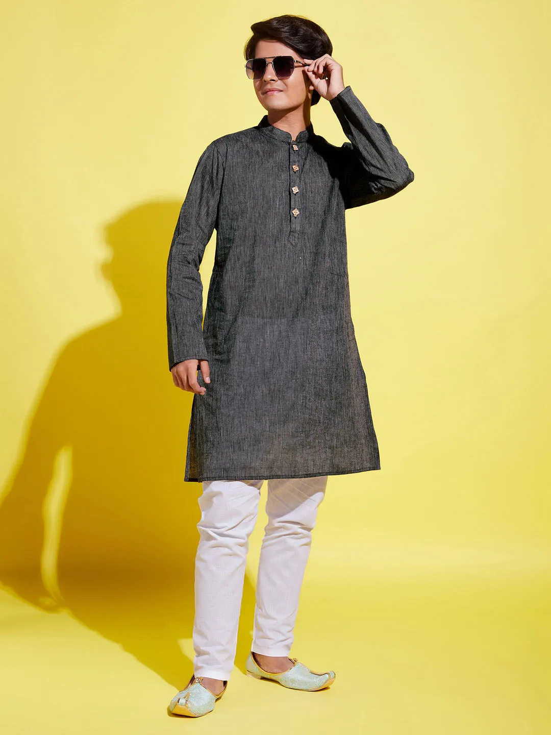 Jashvi Boy's Black Cotton Kurta and Pyjama Set