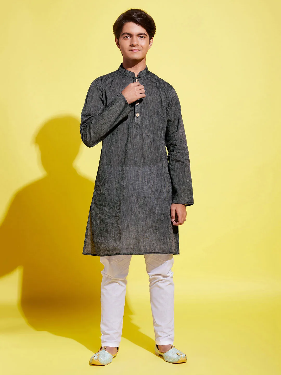 Jashvi Boy's Black Cotton Kurta and Pyjama Set