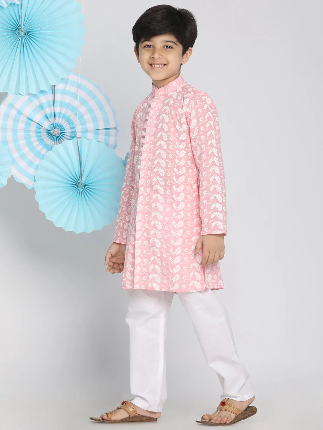Jashvi Boys Pink And White Kurta Pyjama Set