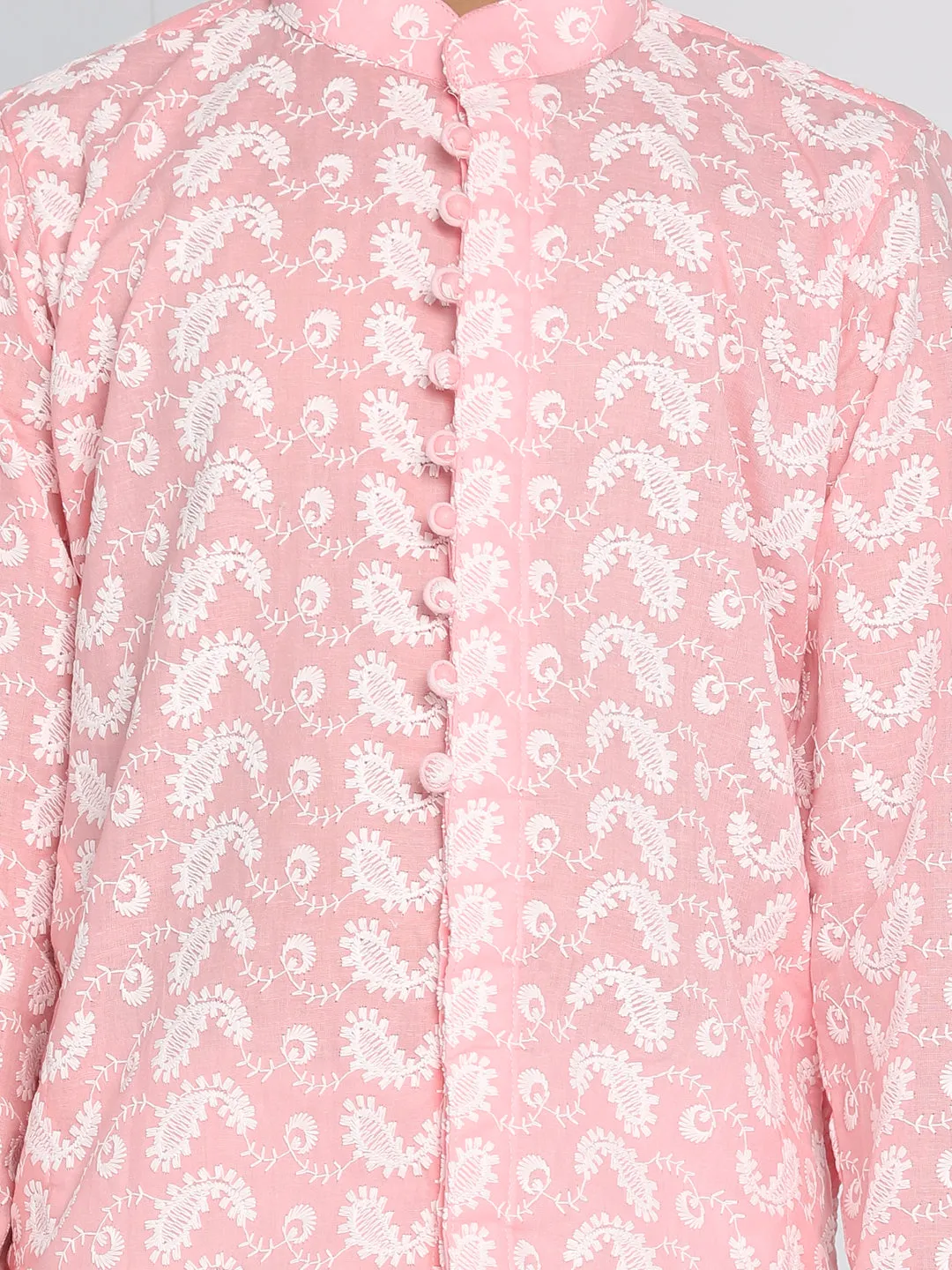 Jashvi Boys Pink And White Kurta Pyjama Set