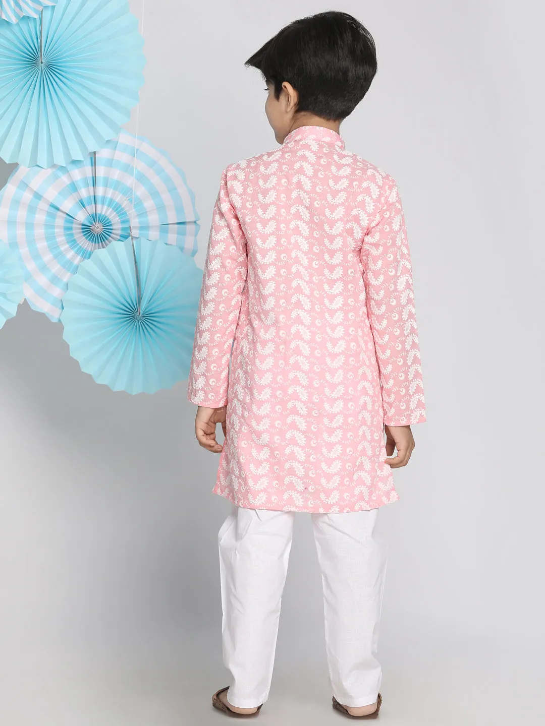 Jashvi Boys Pink And White Kurta Pyjama Set